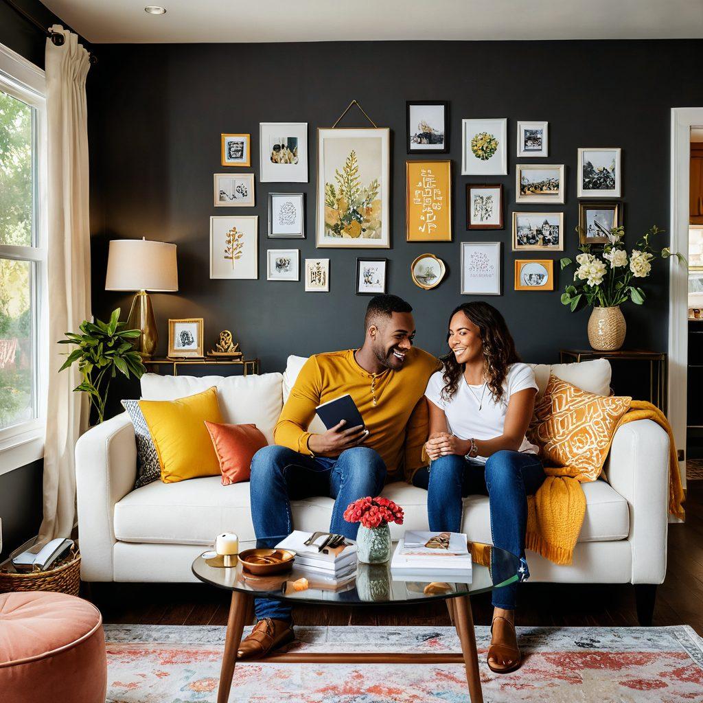 A cozy, welcoming living room featuring diverse first-time homebuyers joyfully discussing mortgage options, with a large key symbolizing homeownership dreams. In the background, a vision board filled with photos of dream homes, financial charts, and smart technology highlights. Bright, inviting colors create an optimistic atmosphere. super-realistic. vibrant colors. cozy interior.