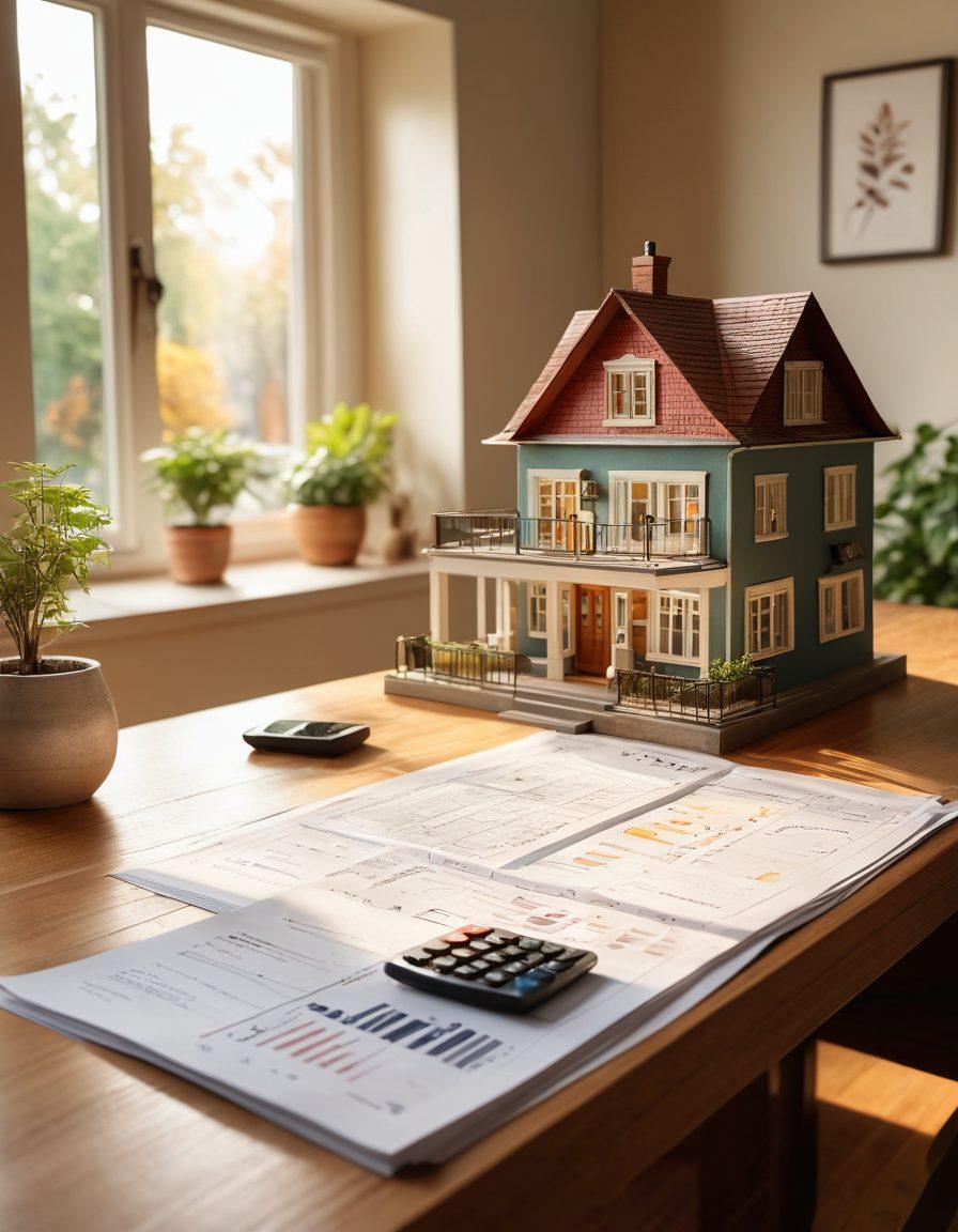 A cozy, modern living room with a welcoming atmosphere, featuring a beautiful house model on a table, surrounded by budgeting charts and a calculator. In the background, a couple happily discusses their homeownership journey while a street view of houses can be seen through a window. Soft sunlight brightens the scene, enhancing a sense of hope and aspiration. super-realistic. vibrant colors. warm lighting.