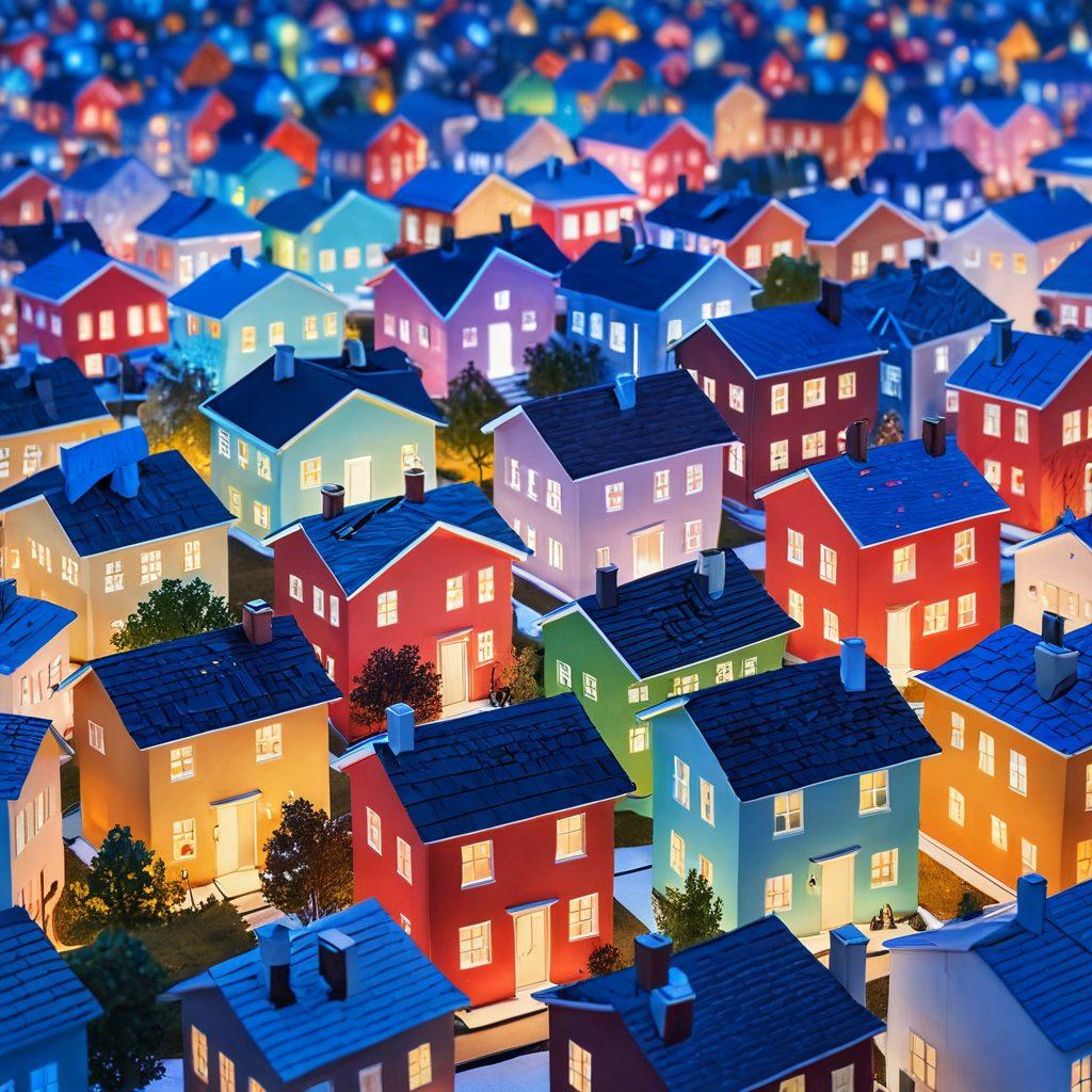 A visually striking scene showing a diverse group of people discussing charts and graphs depicting interest rate trends, surrounded by imagery of affordable housing like cozy homes and apartments. Include elements like calculators, financial reports, and a bright sun shining down to symbolize hope and opportunity. The background should feature a bustling cityscape, blending urban and suburban settings. 3D. vibrant colors.